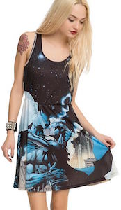 A kissing Batman and Catwoman can be found on this women's dress